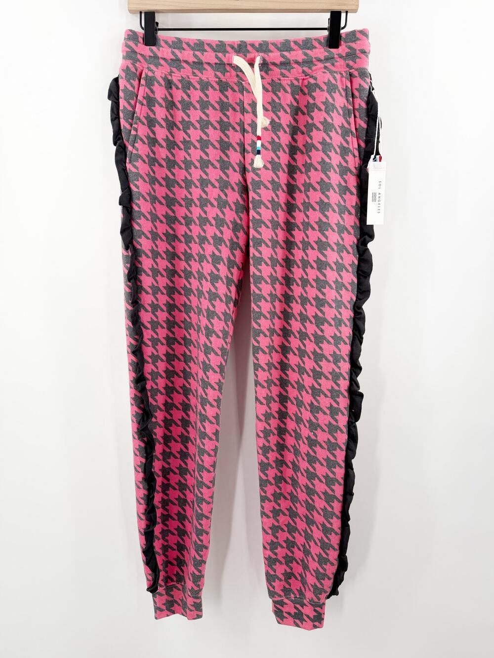 Sol Angeles Sweatpants Women's Medium NWT pink gray houndstooth ruffle joggers